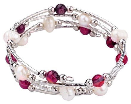 Zoetwaterparel wikkelarmband met edelstenen Wrap Pearl Red Striped Agate - echte parels - agaat - wit - rood - zilver - sieraden zakje