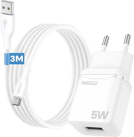 Phreeze usb lader 5V 1A - Usb C naar usb kabel 3m - Usb stekker voor gsm tablet accessoires - Universele usb oplaadblokje 5w