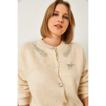 Versierde Ronde Hals Lange Mouw Cardigan