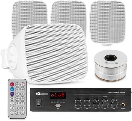 Power Dynamics buiten speakers set van 4 waterdichte mini speakers - Bluetooth en FM radio - Wit