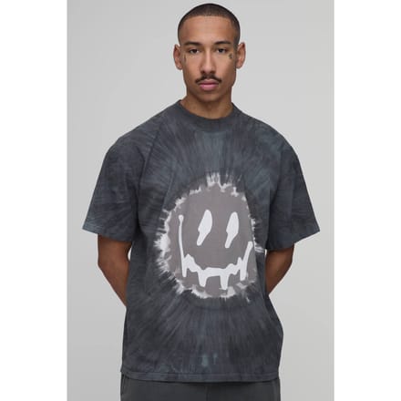 Oversized Tie Dye Smiley Face Print T-Shirt | Black | Size XS