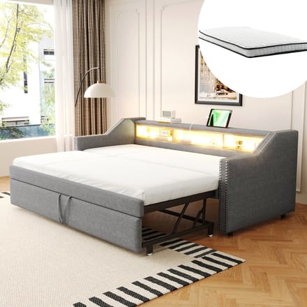 MODFU - Bedframe 90/180x190 cm – Uitschuifbaar met 2 matrassen & USB – Lichtgrijs linnen