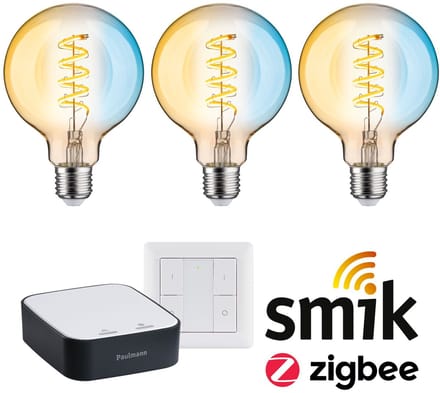 Paulmann Zigbee 3.0 Smart Home Startset Smik Gateway + Wandschakelaar + 3x Filament Globe G95 LED Lamp E27 Tunable White - 2200K-5500K - Goud - Dimbaar