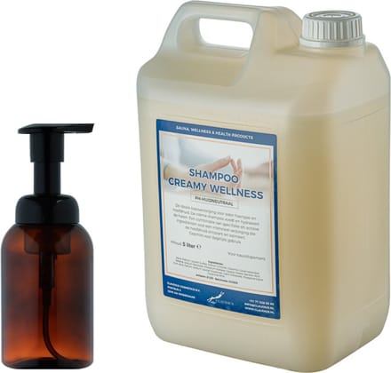 Zeepdispenser 300 ml amber bruin hervulbaar + 5 liter Shampoo Creamy Wellness navulling