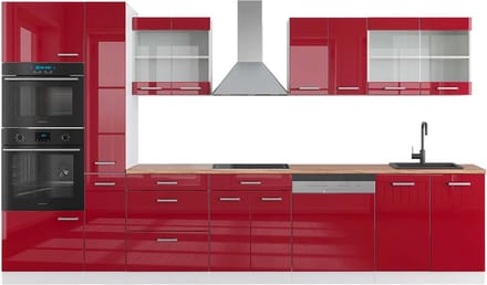 Vicco R-Line Keukenblok – 350 cm met hoge kast, WB Eik Rood hoogglans/wit