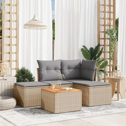 vidaXL - 5-delige - Loungeset - met - kussens - poly - rattan - beige