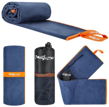 ACTIV/SPACE – Sneldrogend microvezelhanddoek 130×75 cm – donkerblauw + oranje