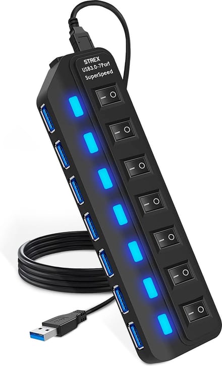 Strex USB 3.0 Hub - 7 Poorten - USB Splitter met Aan/Uit Switch - 5Gbps - 100cm Kabel - Voor Laptop & PC - USB-Hub