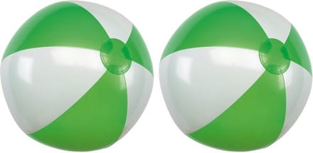 Opblaasbare speelgoed strandbal - 2x - groen/wit - dia 28 cm - Strandballen - Buiten speelgoed - Strand speelgoed - PVC