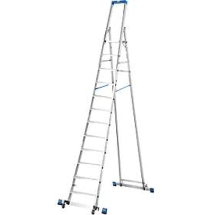 Trapladder, met 12 treden, aluminium, verrijdbaar met dwarssteun