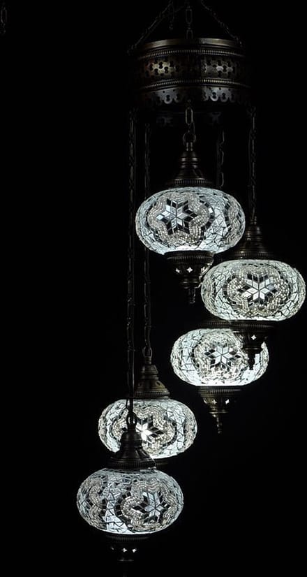 Turkse Lamp - Hanglamp Mozaïek - Kroonluchter Wit - 5 Bollen - Handgemaakt en Authentiek