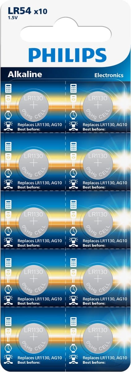 Philips AG10 G10 LR1130 LR54 1.5V alkaline knoopcel batterij - 10 stuks