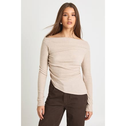 boohoo Dames Robuuste geribbelde top met asymmetrische zoom en draperende uitstraling | Stone | Maat: 14