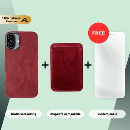 iPhone 16 – Alcantara Case + MagSafe Wallet + Gratis Screenprotector | Ruby Red