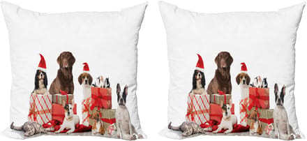 ABAKUHAUS Kerstkussenhoez set van 2, Pets Wonder Boxes, 50x50 cm, bruin, wit, rood