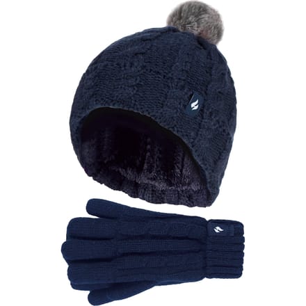 Heat Holders Meisjes Cable Bobble Muts En Handschoenen Set - Marine