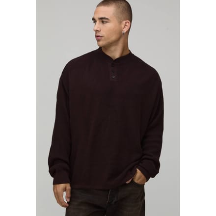 Essential Relaxed Fit Henley Waffle Knitted T-Shirt | Chocolate | Size Medium