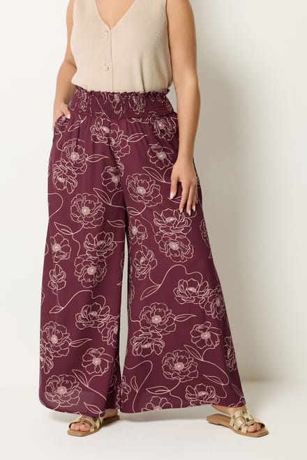 Yours Bordeauxrode Broek Met Bloemenprint En Wijde Pijpen Size Regular > 48