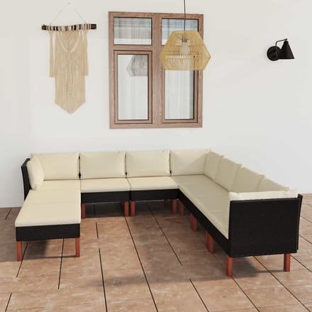 vidaXL - 9-delige - Loungeset - met - kussens - poly - rattan - zwart