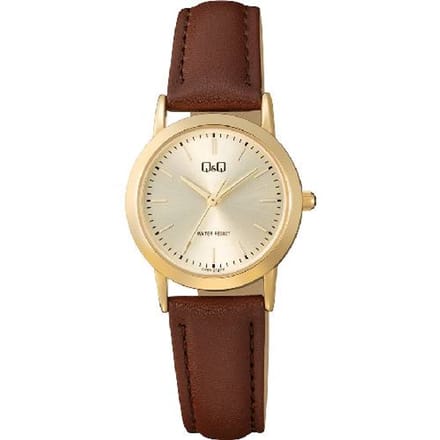 Q&Q-dameshorloge-model c40a-012-goudkleurig-bruin leder-3 atm waterdicht-diameter 26 mm
