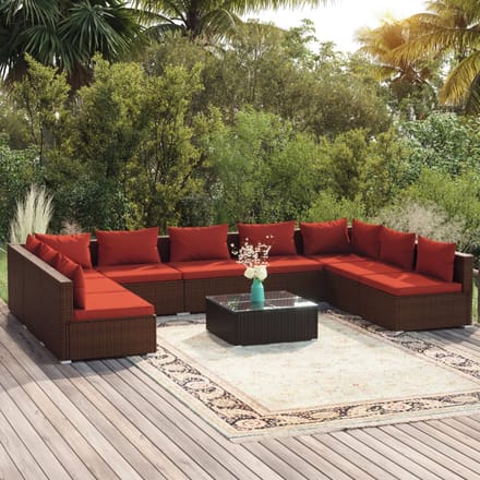 vidaXL - 10-delige - Loungeset - met - kussens - poly - rattan - bruin