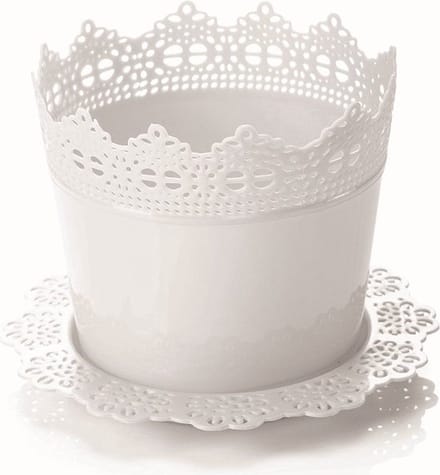 4st Sierlijke bloempotjes met kanteffect witte sierpot 14cm + gratis schaal
