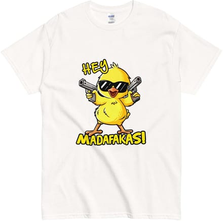 T Shirt Dames en Heren - Grappig Kuiken Illustratie - Tekst: Hey Madafakas - Wit - M