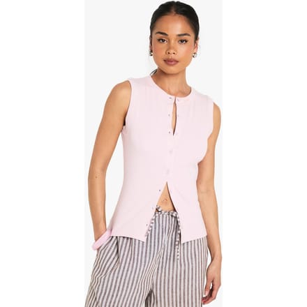 boohoo Dames Geribbelde Top met Knoopsluiting en Lang Model | Roze | Maat: 40