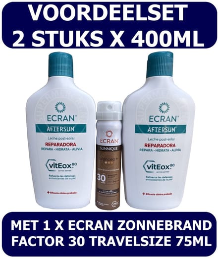 Ecran Aftersun uit Spanje - Voordeelset met 2 x 400ml Ecran Aftersun & 1 x Ecran Zonnebrand Factor 30 Spray 75ml