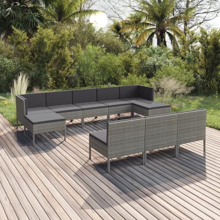 vidaXL - 10-delige - Loungeset - met - kussens - poly - rattan - grijs