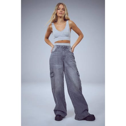 boohoo Dames De wijde pijp cargo jeans | Mid Grey | Maat: 8