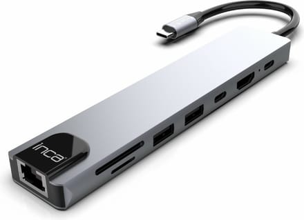 BasicTeQ: Inca ITPC-7T interface hub USB Type-C 1000 Mbit/s Aluminium. USB C Hub 3.0 – 8 Poorten - USB Splitter met Ethernet - USB C naar HDMI - USB Hub 3.0 - Docking Station Laptop - Micro SD Card Reader - HDMI 4K - Grijs