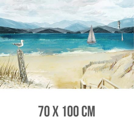 Allernieuwste Canvas Schilderij Rustig Landschap met Zeilboot aan Zee - Realistisch - Poster - 70 x 100 cm - Kleur