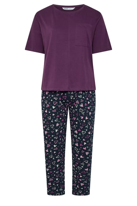 Yours Curve Pyjama Met Hart En Wijde Pijpen In Bordeauxrood Size 66-68