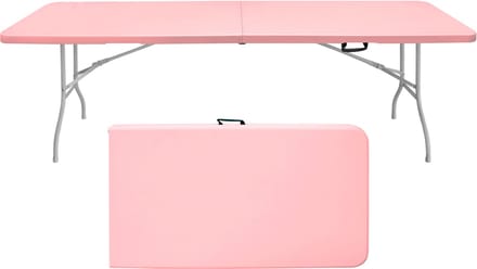 MODFU Buitentafel 244x76x73,6 cm van kunststof en ijzer, inklapbaar met handgreep, roze