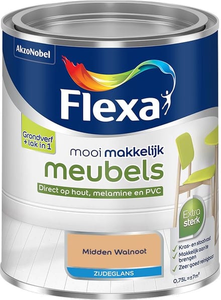 Flexa - Mooi Makkelijk Meubels Zijdeglans - Midden Walnoot - Mengverf - 750 Ml