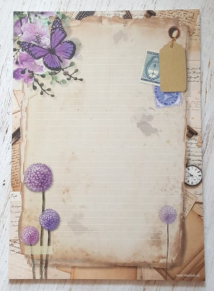 Briefpapier 24 vellen A4 formaat - Purple Flowers - Meer Leuks - Postpapier