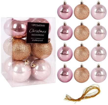 12 stuks Mondex Kerstballen Ø6 cm - Goud/Roze - Glanzend/Glitter