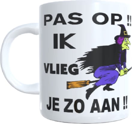 Bedrukte koffie beker - pas op ik vlieg - humor - thee mok grappig - heks