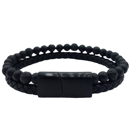Rhylane – Heren Armband - Leder & Lavasteen – Edelstaal sluiting – Mat Zwart – 21 cm