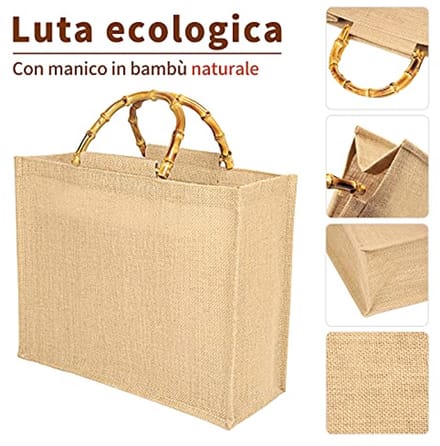 Draagbare Boodschappentas van Jute met Bamboe Handgrepen - Perfect voor Winkelen en Picknicks