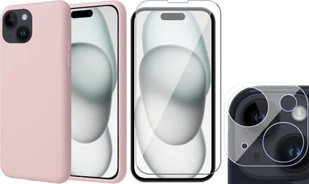 Hoesje geschikt voor iPhone 15 Plus - Screenprotector GlassGuard & Camera Lens Screen Protector - Back Cover Case SoftTouch Roze