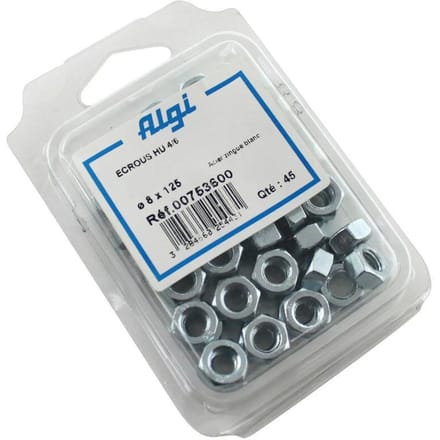 Blisterverpakking van 45 zeskantmoeren Algi