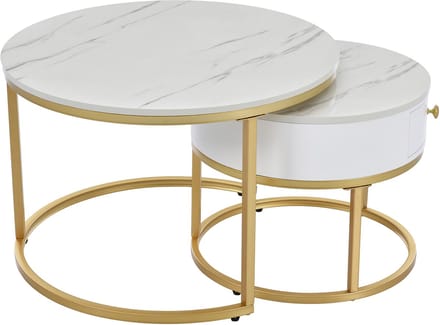 Ronde Salontafel Set van 2 - Nesting Salontafel met Hoogglans Marmerlook - Ruimtebesparend - Woonkamer - Wit