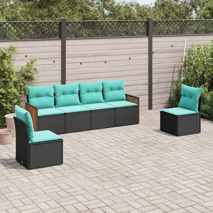 vidaXL - 6-delige - tuinbankset - met - kussens - van - zwart - polyrotan