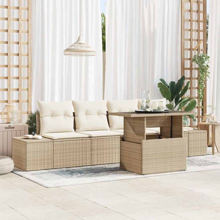 vidaXL - Bankstel - 5 - st - Beige - en - Crème - poly - rattan
