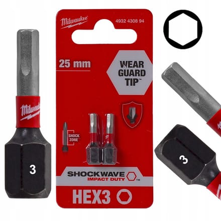 Milwaukee Impact Bits HEX3 25mm Shockwave, 2 Stuks