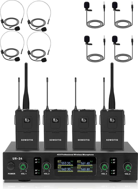 Draadloos 4-kanaals UHF Microfoonsysteem met Lavalier en Headset Microfoon - 90m Bereik
