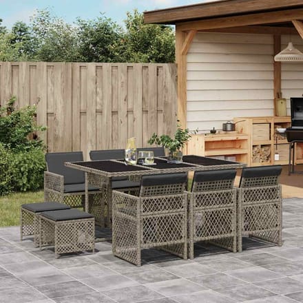 vidaXL - 11-delige - Tuinset - met - kussens - poly - rattan - grijs