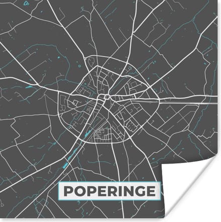 Poster Stadskaart – Grijs - Kaart – Poperinge – België – Plattegrond - 75x75 cm